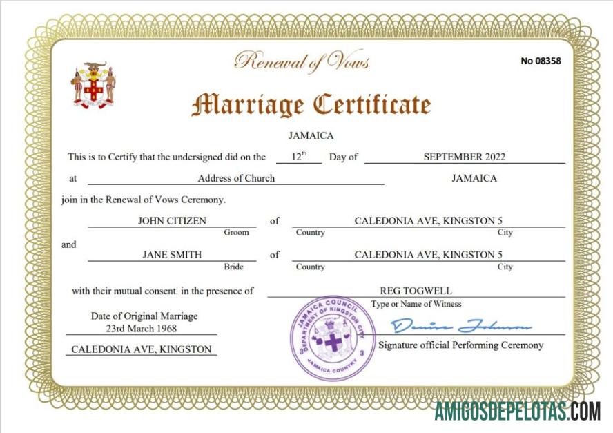 Realista modelo Word e PDF de certidão de casamento da Jamaica